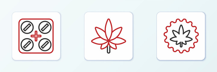 Set line Marijuana or cannabis leaf, Medical pills with marijuana and icon. Vector