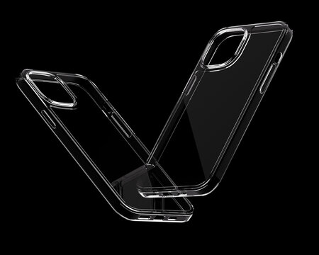 3d illustration of transparent glassy mobile phone case protection cover black background and shiny reflective material