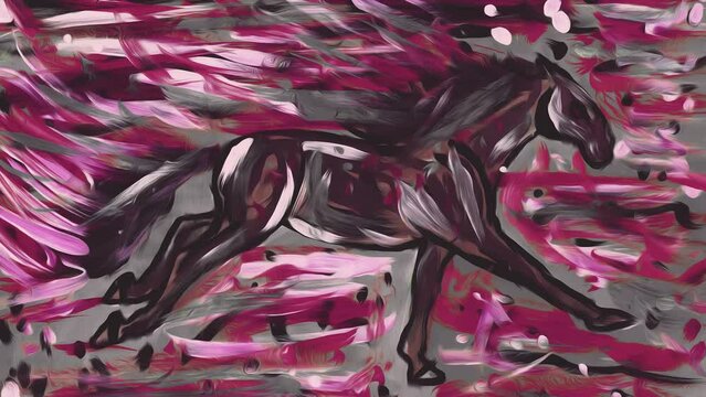 a horse in motion, an oil painting, a bloody run along the road where the war took place