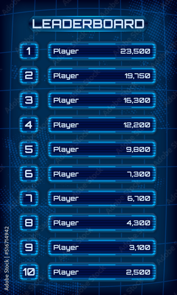 Fototapete leaderboard design with neon borders on blue futuristic background. list of ten players with a score