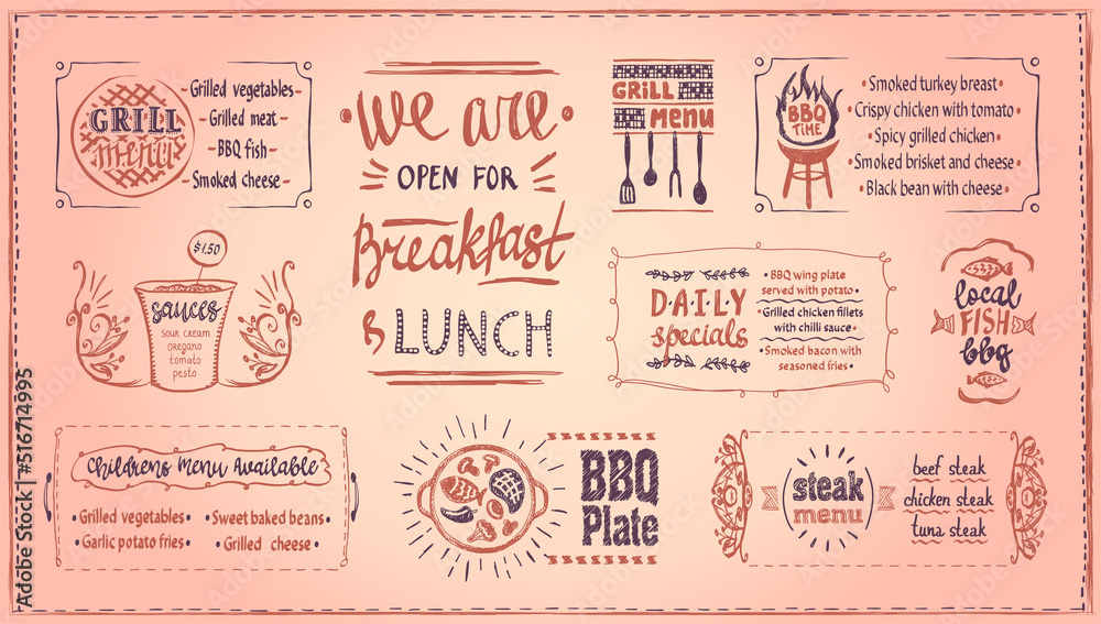 Wall mural Barbecue menu template, menu board with BBQ symbols and dishes lettering