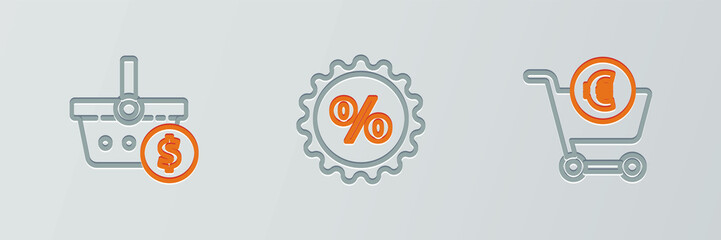 Set line Shopping cart and euro, basket dollar and Discount percent tag icon. Vector