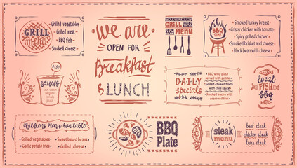 Barbecue menu template, menu board with BBQ symbols and dishes lettering