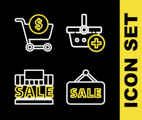 Set line Add to Shopping basket, Hanging sign with Sale, building and sale and cart dollar icon. Vector