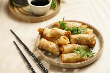 Traditional southeast asian starter dish spring or summer rolls - deep fried dim sum dumplings...