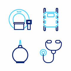 Set line Stethoscope, Enema, Stretcher and Tomography icon. Vector