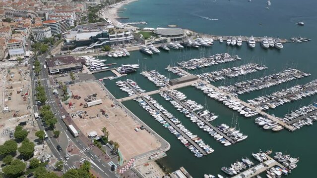 Drone shot of Cannes city in Cote d'Azur region (French Riviera) of France
