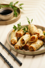 Traditional southeast asian starter dish spring or summer rolls - deep fried dim sum dumplings stuffed with vegetables with soy sauce, fresh coriander on grey plate with black chop sticks