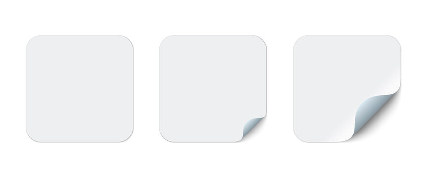Blank square adhesive stickers mock up with curved corner. Mockup empty rectangular sticky label.