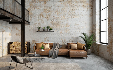 Industrial loft living room interior with sofa,chair and brick wall.3d rendering - obrazy, fototapety, plakaty