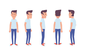 Man, male, guy  front, side, back view flat vector character for animation.