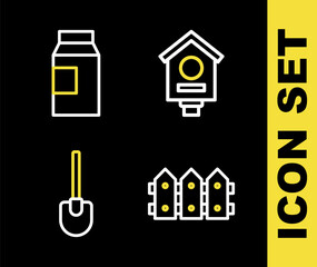 Set line Bird house, Garden fence wooden, Shovel and Paper package for milk icon. Vector