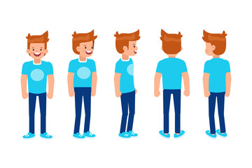 Man, male, guy  front, side, back view flat vector character for animation.