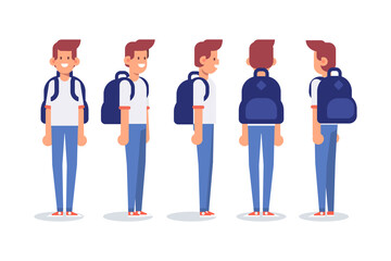 Man, male, guy  front, side, back view flat vector character for animation.