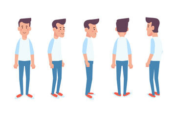 Man, male, guy  front, side, back view flat vector character for animation.
