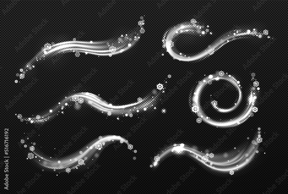 Wall mural winter wind effect with swirls and waves of white mist clouds with snow. vector realistic set of bli