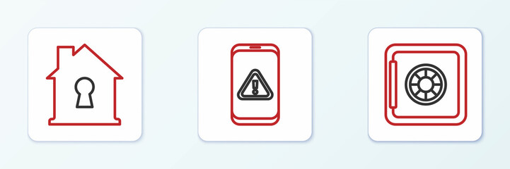 Set line Safe, House under protection and Mobile with exclamation mark icon. Vector