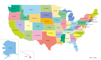 アメリカ合衆国の地図、全50州、日本語の州名