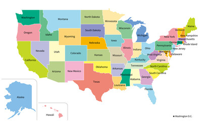 アメリカ合衆国の地図、全50州、英語の州名