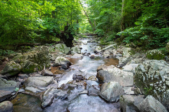 Long exposure image of flowing idyllic woodland stream with footbridge