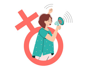 A young woman yells into megaphones in support of the protests. Women's rights. Flat design colorful illustration isolated on white background.
