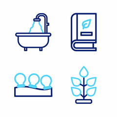 Set line Plant, Vacuum cans, Medical book and Bathtub icon. Vector
