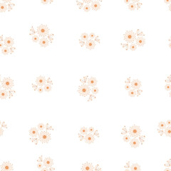 Seamless botanical ornament pattern with autumn small abstract doodle flowers in warm pastel colors isolated on white background in flat cartoon style