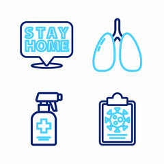 Set line Clipboard with blood test results, Liquid antibacterial soap, Lungs and Stay home icon. Vector