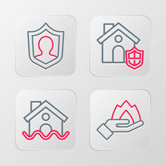 Set line Hand holding a fire, House flood, with shield and Life insurance icon. Vector