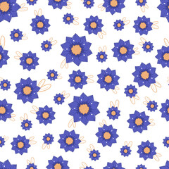 Seamless pattern with autumn blue abstract flowers in warm colors and yellow leaves isolated on white background in flat cartoon style