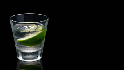 banner Luxury cocktail Vodka lime mojito, gin tonic with ice, tequila in rocks-glass on black background.