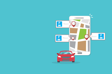 Online application for finding parking spaces, city parking. Smart city parking mobile app concept. Urban traffic technology, vector illustration.	