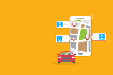 Online application for finding parking spaces, city parking. Smart city parking mobile app concept. Urban traffic technology, vector illustration.	