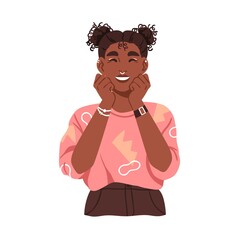 Woman portrait with Afro curls hair buns. Young African girl with curly kinky frizzy styling. Happy female face with wavy hairstyle. Flat graphic vector illustration isolated on white background