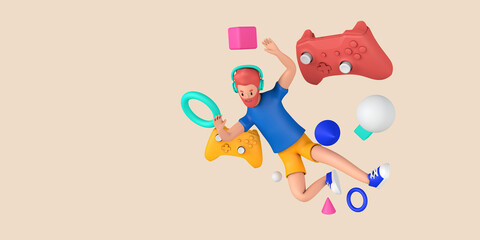 Video game concept. Young gamer surrounded by games controller and abstract shapes. 3D Rendering