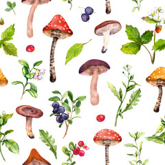 Forest seamless pattern - mushrooms, wild berries, grass, woodland flowers. Botanical plants and fungus. Natural motif. Watercolor botanical backdrop