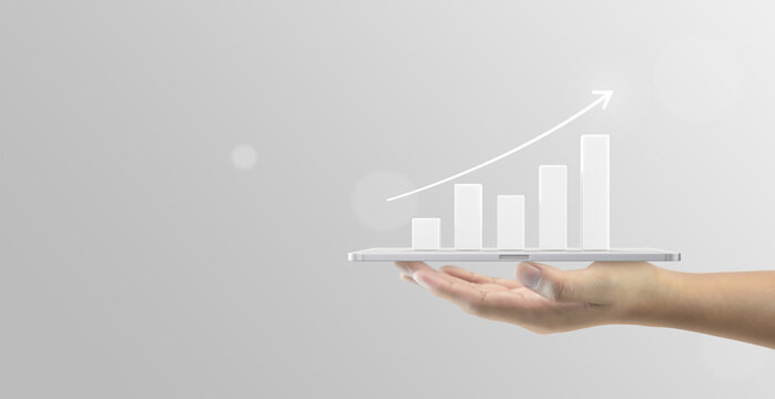 Growth arrow business graph on white success finance 3d background with investment financial profit market chart diagram data or digital report analysis marketing and economic professional strategy.