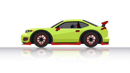 Illustration vectorielle conceptuelle du côté détaillé d& 39 une voiture de sport verte plate avec homme conduisant à l& 39 intérieur de la voiture. avec l& 39 ombre de la voiture réfléchie par le sol en dessous. Et fond blanc isolé.