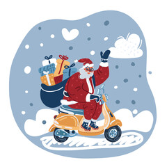 Vector illustration of Santa ride and bring gift on moped