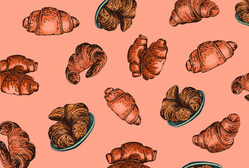 Bakery croissants cover, croissants on  color background seamless pattern. Graphical color illustration for printing and design 