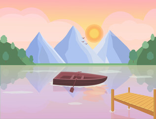 Landscape with boat on the lake, mountains. Lovely sunset