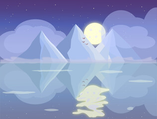 Night landscape with mountains, moon and lake