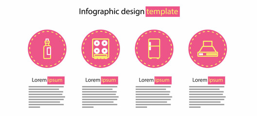 Set line Refrigerator, Kitchen extractor fan, Gas stove and Bottle of olive oil icon. Vector