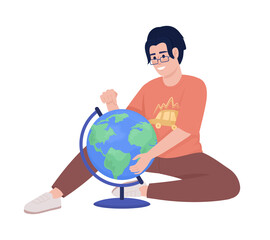 Smiling boy studying world globe semi flat color vector character. Editable figure. Full body person on white. Learning about geography. Cartoon style illustration for web graphic design and animation
