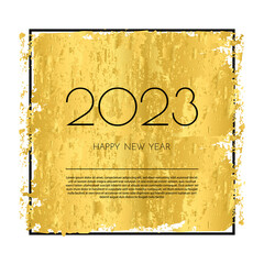 New Year 2023 greeting card. Golden texture on white background. Background with numbers 2023. Vector illustration.
