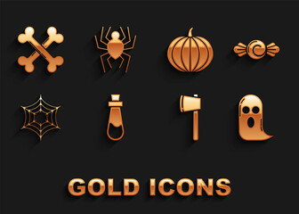 Set Bottle with potion, Candy, Ghost, Wooden axe, Spider web, Pumpkin, Crossed bones and icon. Vector