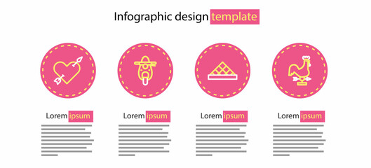 Set line Louvre museum, Rooster weather vane, Scooter and Amour with heart and arrow icon. Vector