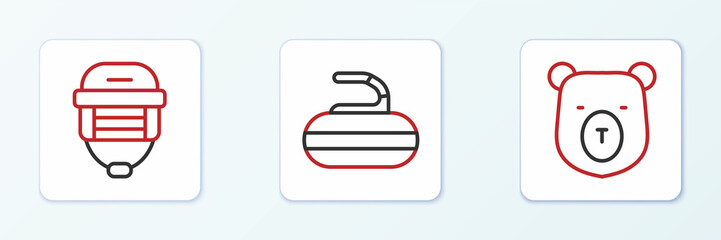 Fototapeta premium Set line Bear head, Hockey helmet and Stone for curling icon. Vector