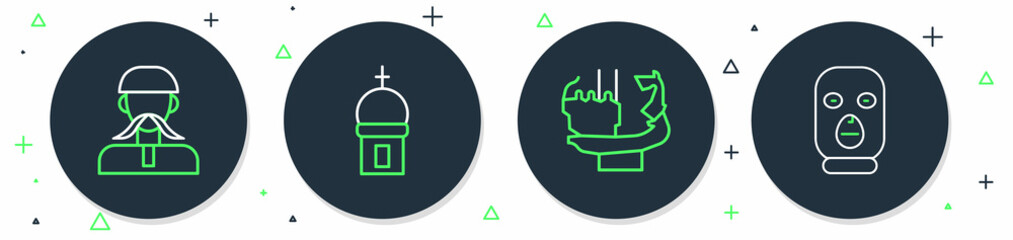 Set line Church tower, Monument founders of Kiev, Ukrainian cossack and Thief mask icon. Vector