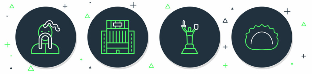 Set line Hotel Ukraina building, Mother Motherland monument, Ukrainian cossack and Dumplings icon. Vector